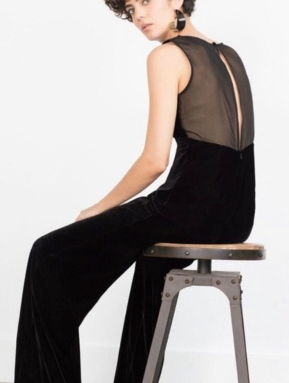 Zara Basic Black Velour Jumpsuit Sheer Back Sleeveless Velvet Wide Leg Classic S